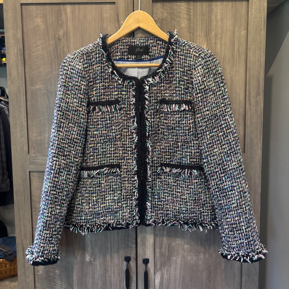 J.Crew Multi Color Tweed Lady Jacket Blazer Fringe Trim Size 6